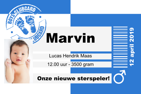 Jongens geboortekaartje in de vorm van een clubcard