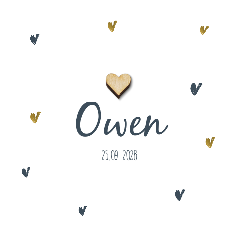 Lief geboortekaartje jongen met echt houten hart