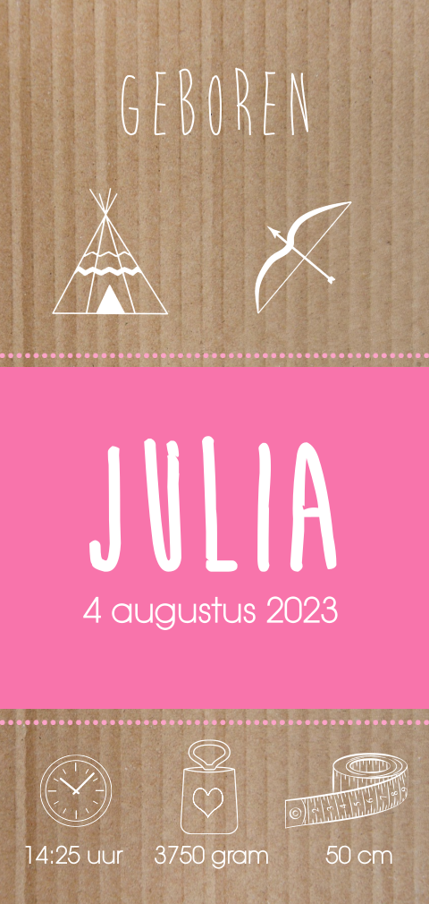 Hip langwerpig geboortekaartje meisje met tipt tent