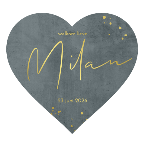 Geboortekaartje jongen vorm hart met naam in goudfolie