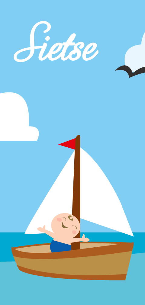 Geboortekaartje zee strand kust zeilboot jongen