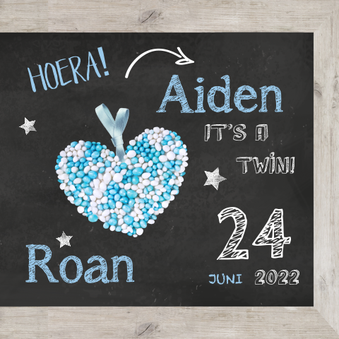 Tweeling geboortekaartje jongens met hout en muisjes