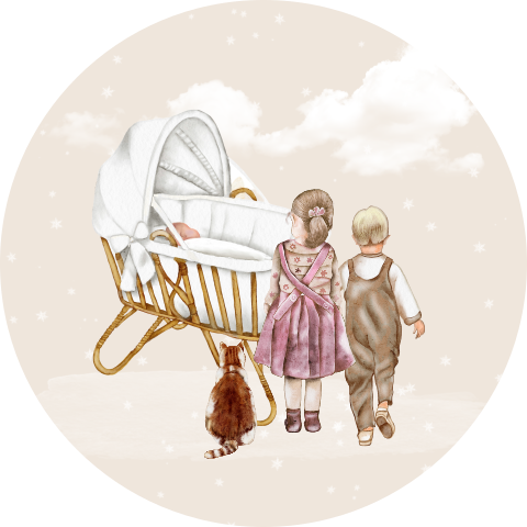 Sluitsticker zegel wiegje meisje met zusje en kat