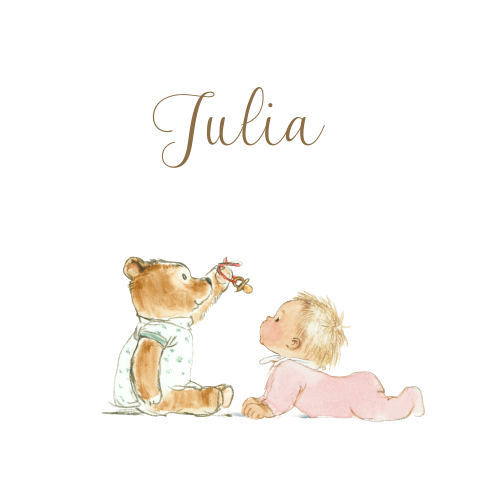 Geboortekaartje met knuffel beer een een getekend meisje