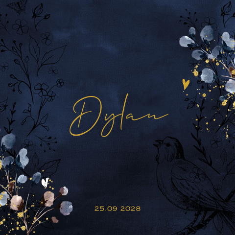 Romantisch geboortekaartje jongen blauw met bloemen