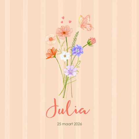 Geboortekaartje meisje boeketje bloemen in zachte perzik kleur
