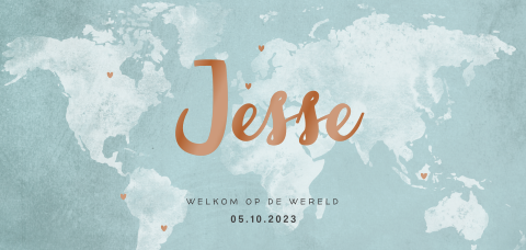 Geboortekaartje jongen wereldkaart licht blauw met folie