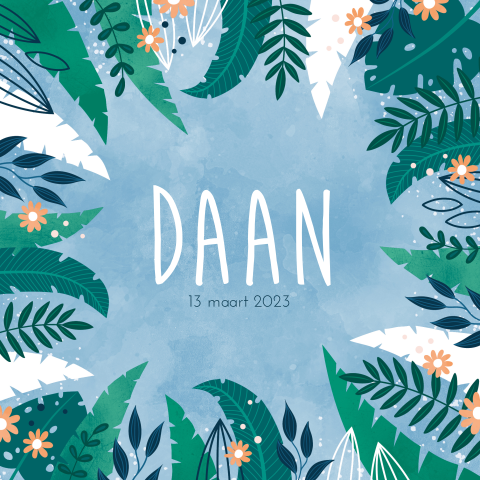 Blauw geboortekaartje jungle bladeren voor een jongen