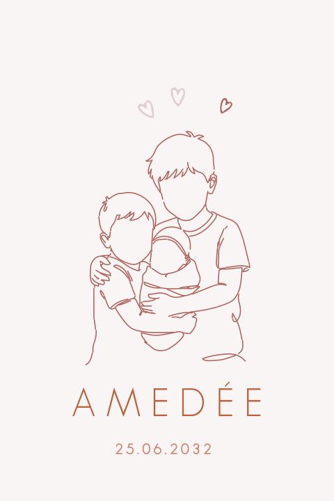 Lief geboortekaartje voor een meisje met knuffelende broers