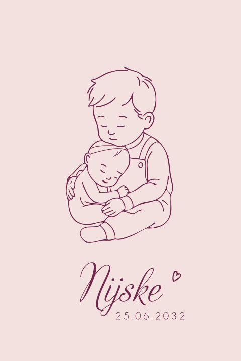 Geboortekaartje meisje met broertje en zusje knuffelen lijntekening