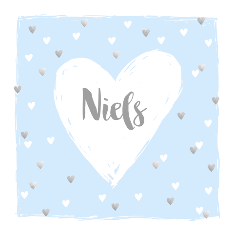 Lief geboortekaartje jongen blauw met hartjes in wit en zilver