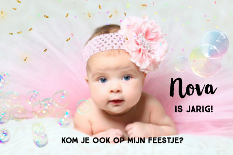 Bellenblaas foto uitnodiging meisje 1ste verjaardag