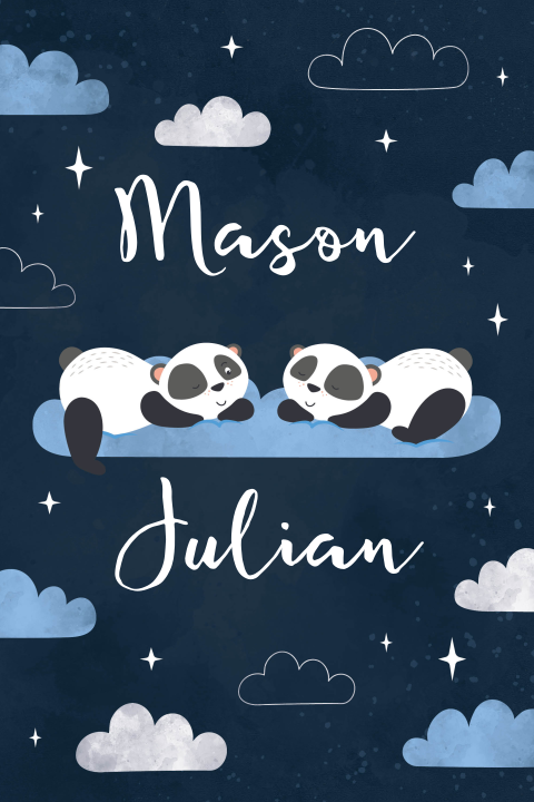 Geboortekaartje tweeling wolken en sterren met panda blauw