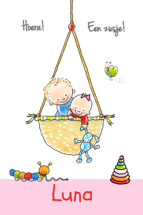 Vrolijk geboortekaartje Pauline Oud - Broer en babyzusje