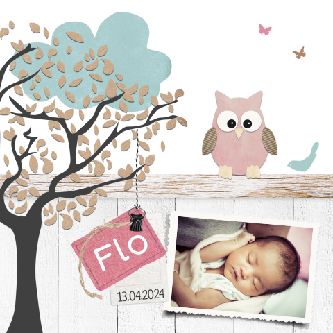 Lief geboortekaartje meisje met boom, uil en hout look