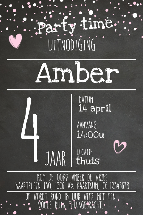 Uitnodiging meisje 4 jaar confetti en krijtbord