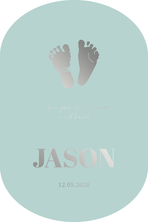 Lief ovaal geboortekaartje voor een jongen met baby voetjes