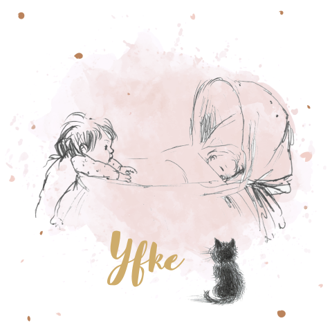 2e kindje geboortekaartje meisje met pentekening wiegje en kindje