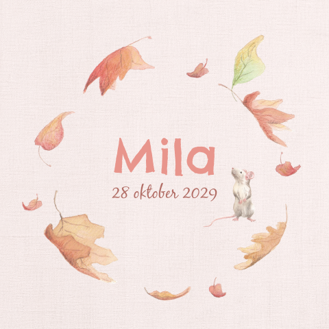 Geboortekaartje zachtroze linnen, herfstblaadjes in cirkel