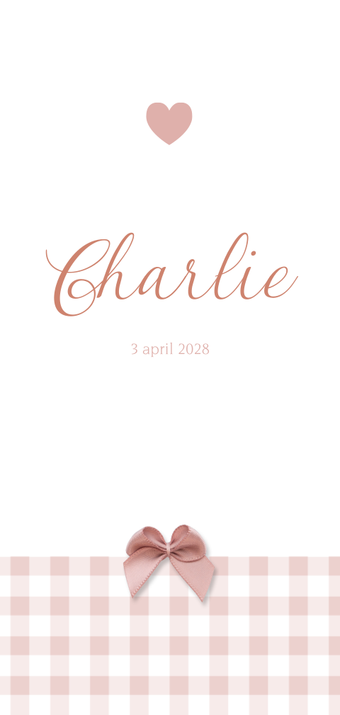 Klassiek babykaartje voor een meisje met roze strikje en ruitjes