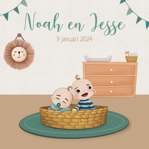 Geboortekaartje tweeling jongens babykamer