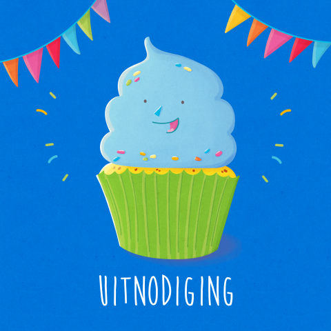 Uitnodiging kinderfeestje met cupcake blauw