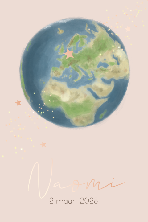 Geboortekaartje meisje wereldbol op roze