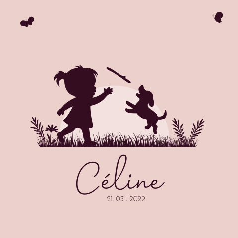 Een roze geboortekaartje met een meisje en een tekkel silhouet