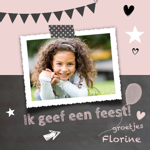 Hippe uitnodiging roze meisje kinderfeestje vlaggetjes