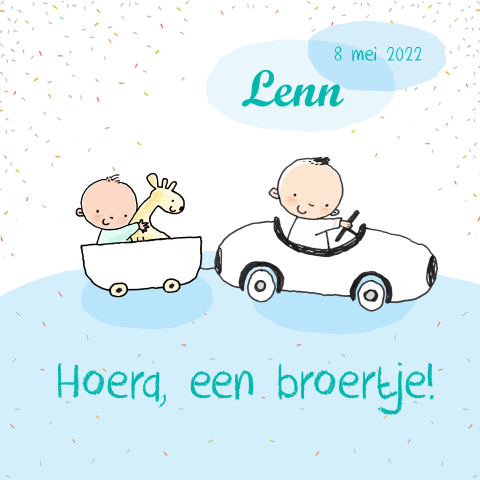 Geboortekaartje met auto en kar, 2e kindje