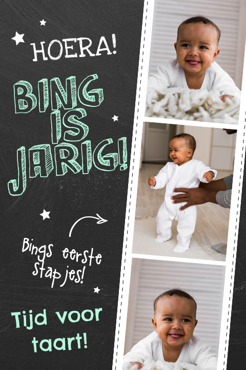 Uitnodiging met fotostrip op krijtbord voor jongen