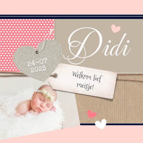 Stoer geboortekaartje meisje met label, kraft en hartjes
