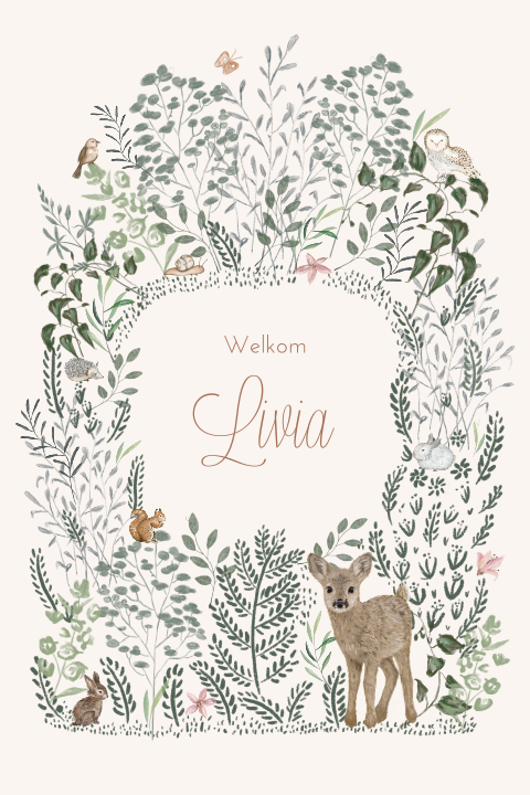 Schattig geboortekaartje voor een meisje met bosdieren‑illustraties
