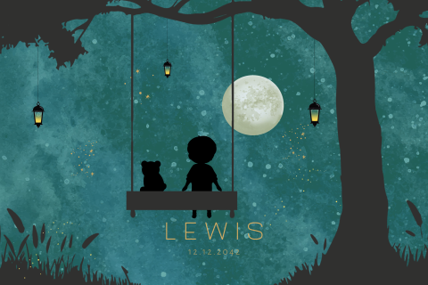 Memorybox winterliefde jongetje op schommel met beer en maan