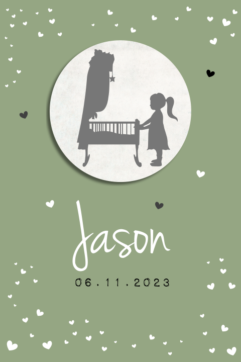 Hip geboortekaartje met silhouet grote zus van ledikantje