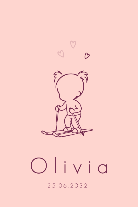 Geboortekaartje meisje skiën ski's ski wintersport lijntekening