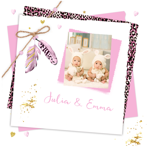 Geboortekaartje meisje tweeling panterprint veertjes