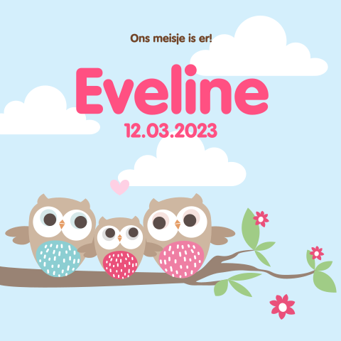 Geboortekaartje meisje met familie uil