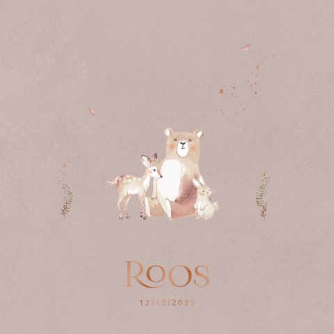 Roze kraamborrelkaartje met bosdieren