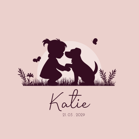 Lief geboortekaartje van een hond en een meisje in de natuur silhouet