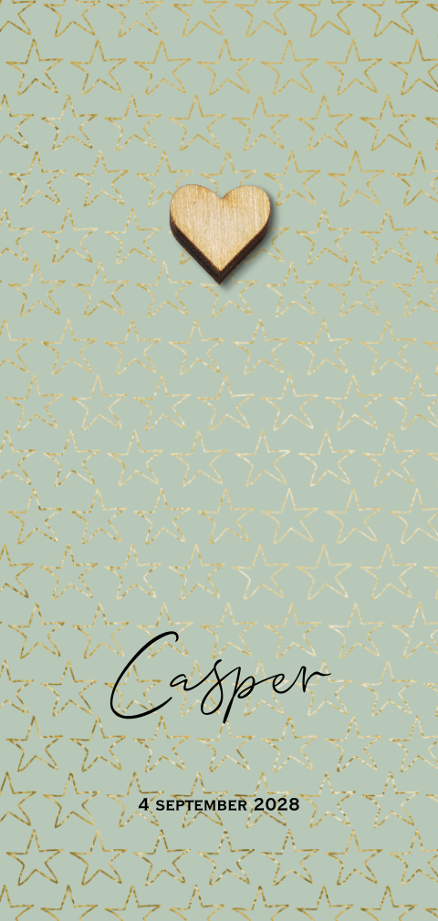 Hip mint groen sterren geboortekaartje met echt houten hartje