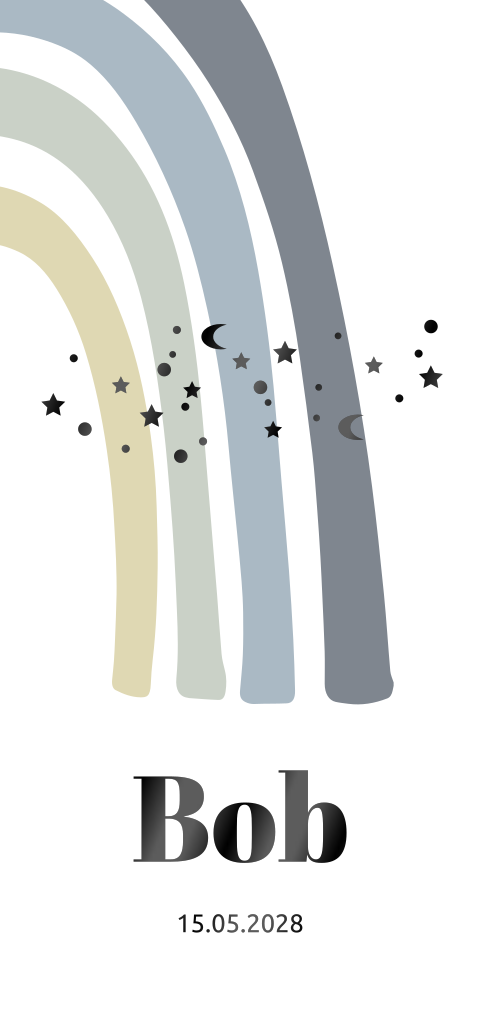 Jongen geboortekaart met regenboog en foliedruk