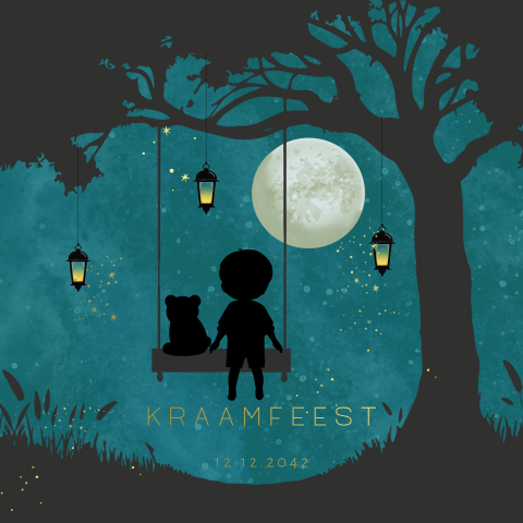 Kraamfeest uitnodiging winterliefde jongetje op schommel met beer