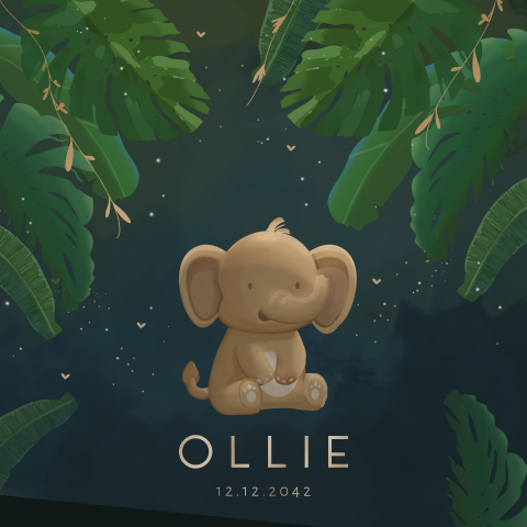 Geboortekaartje unisex olifant met groene bladeren