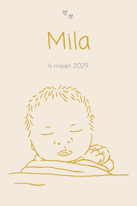 Geboortekaartje meisje lijntekening oker en grijs