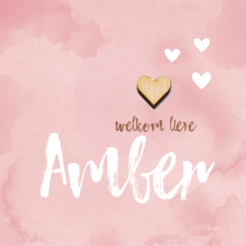 Geboortekaartje aquarel meisje met echt houten hartje