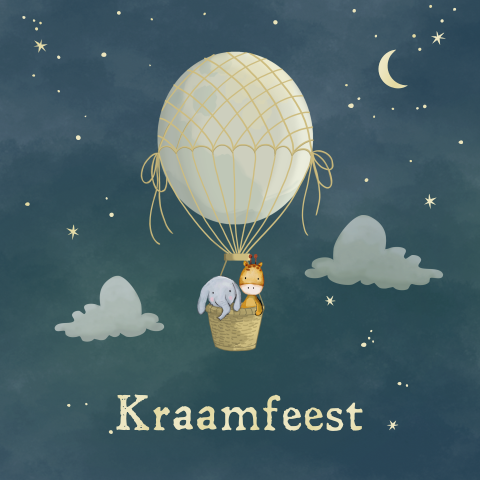 Kraamborrel uitnodiging winterliefde olifantje en giraf in luchtballon