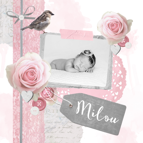 Romantisch geboortekaartje meisje met foto in scrapbook stijl