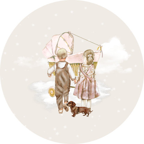 Sluitsticker zegel meisje met wiegje, boertje en zusje met hond