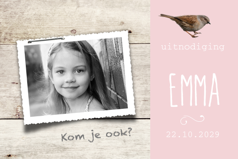 Lieve uitnodiging kinderfeestje meisje houtlook en vogel